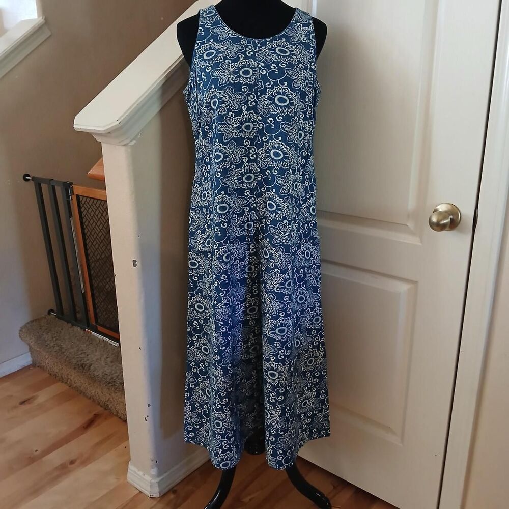Vintage 90s Liz Claiborne Blue & White Floral 100% Cotton Maxi Dress 10 Cottage